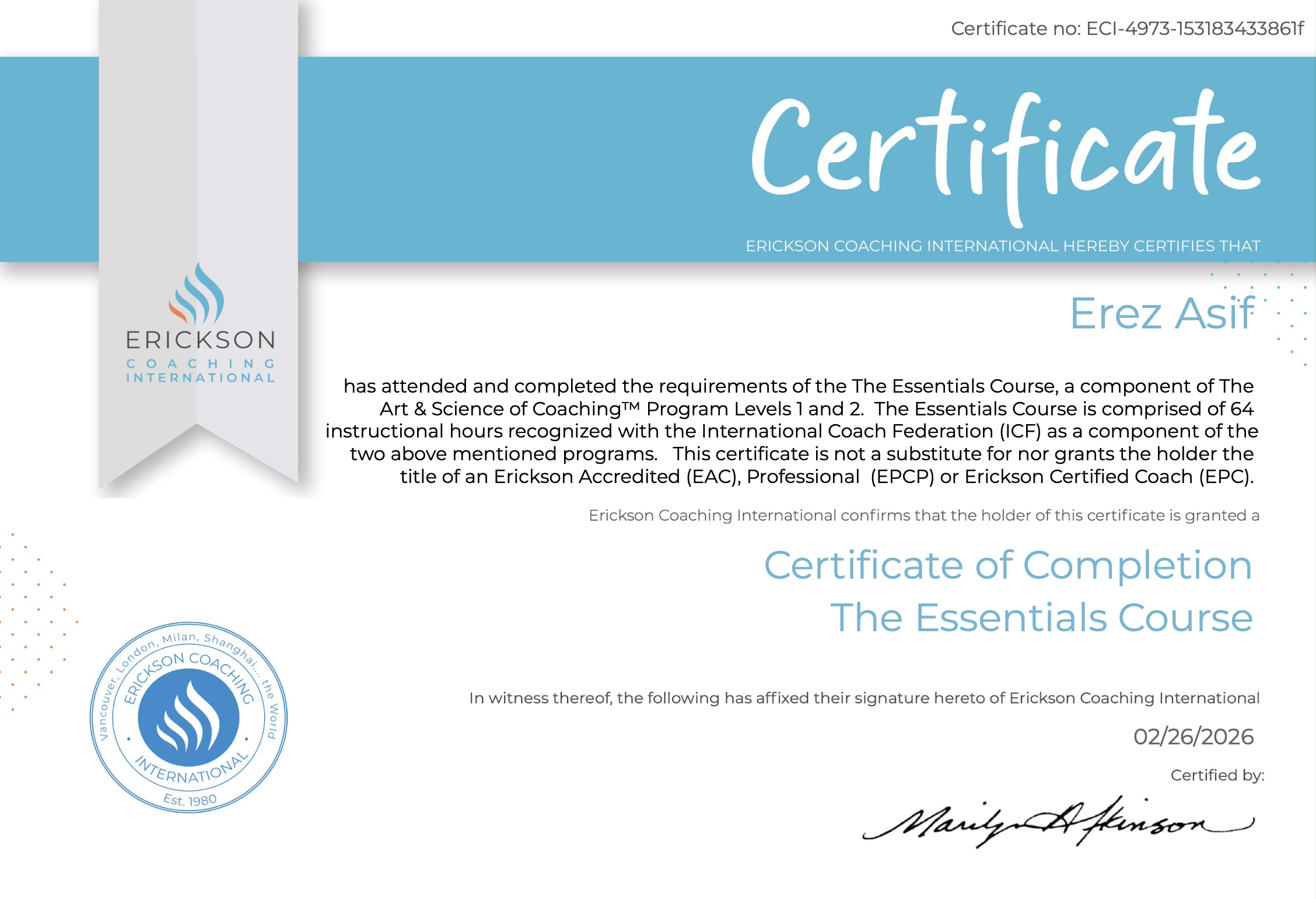 Erickson Certificate